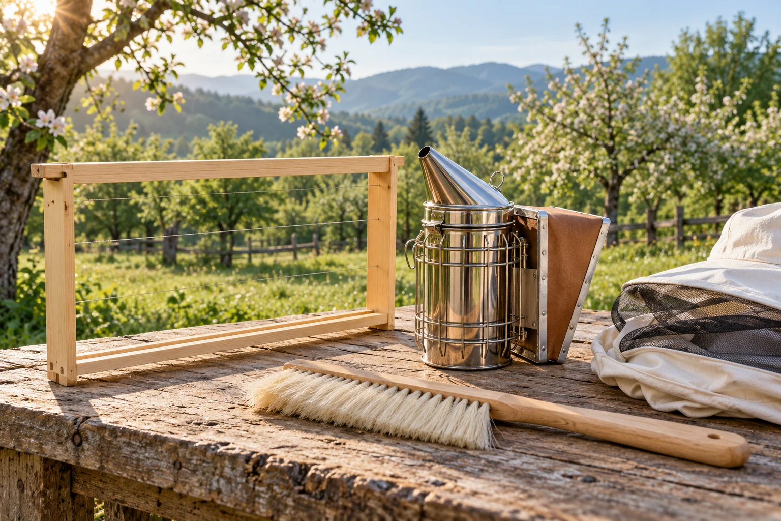 Beekeeping inspection tools and wooden frame on a workbench